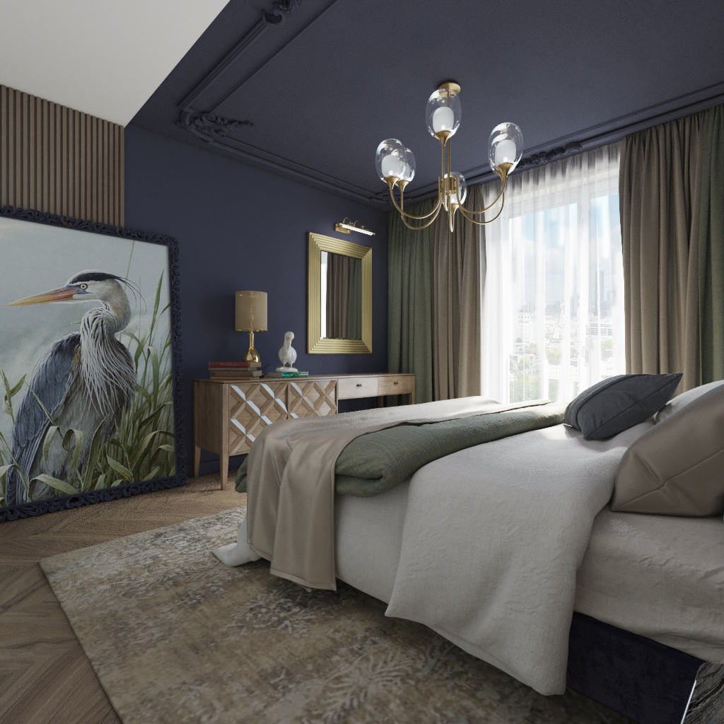 Тёмно-синяя спальня со стоящей на полу картиной с журавлём