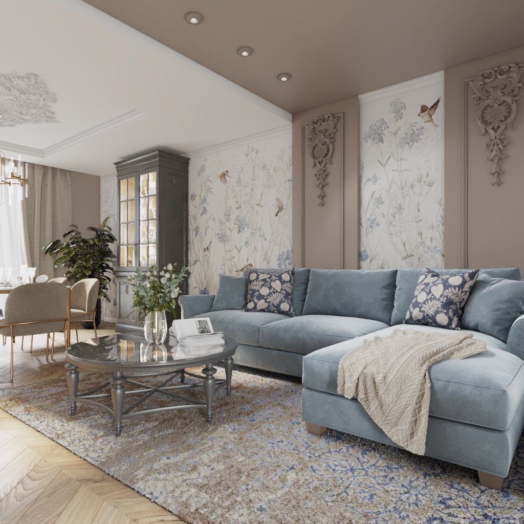 Гостиная с голубым диваном, лепниной на стенах и фреской с воробьями