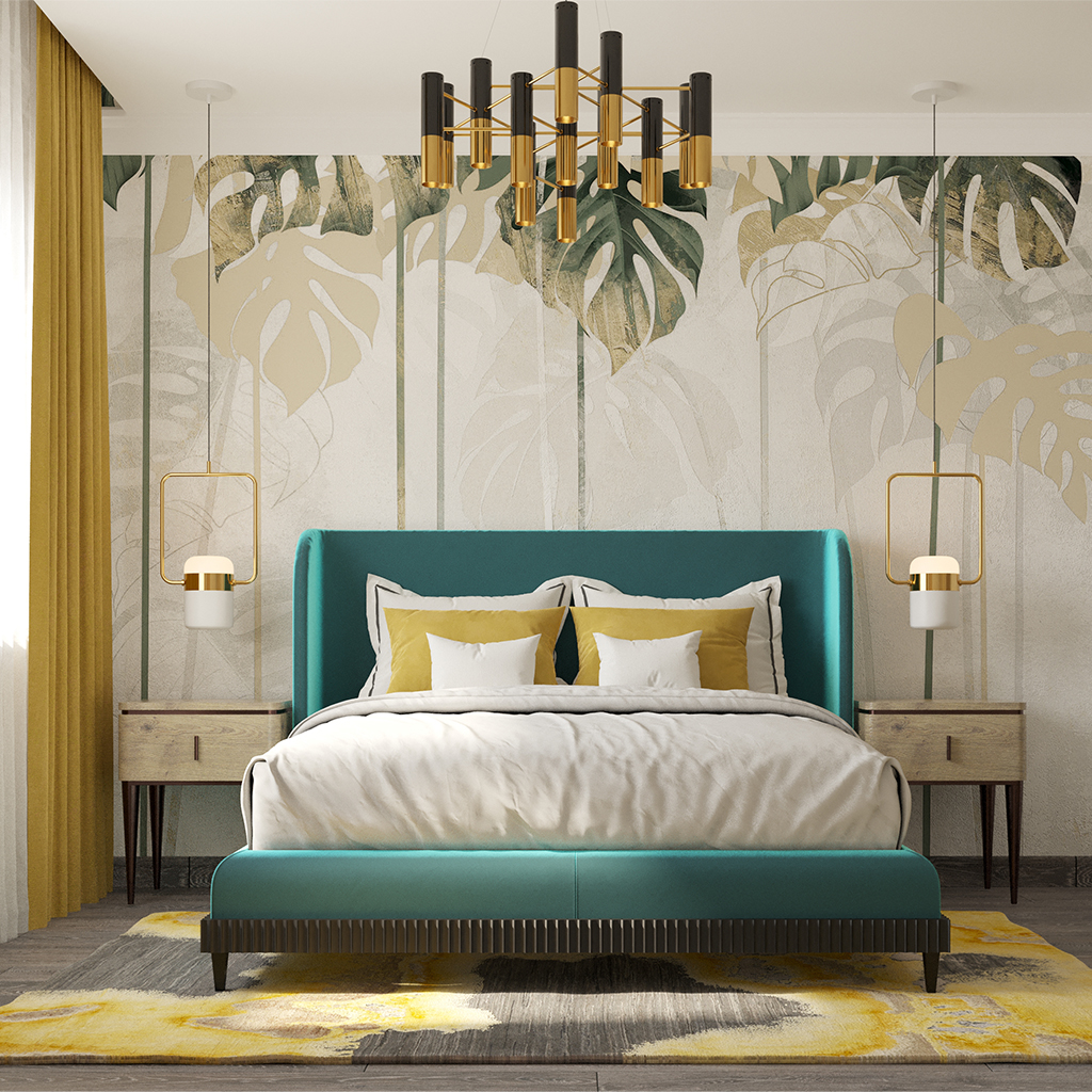 Прямой ракурс на кровать в тропической спальне