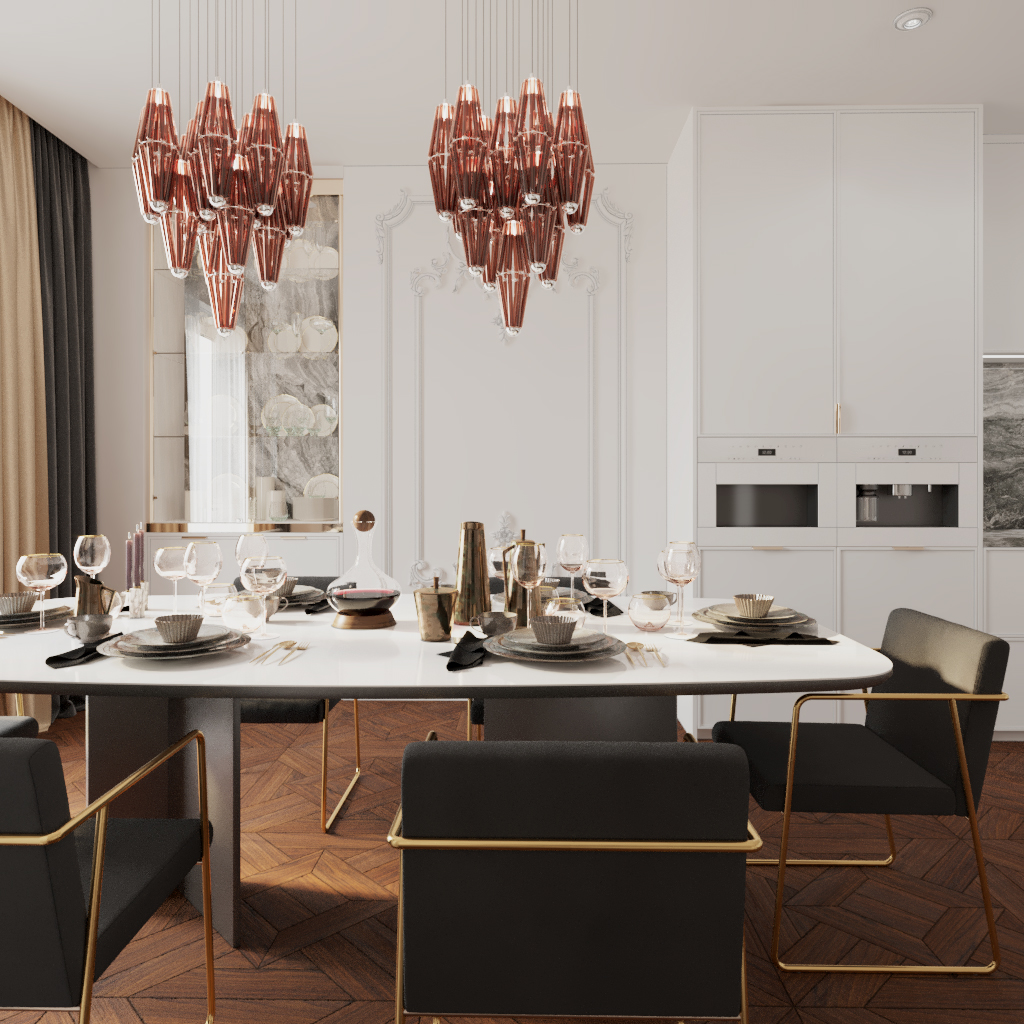 Обеденная зона в чёрно-белой цветовой гамме с красной хрустальной люстрой и золотой фурнитурой
