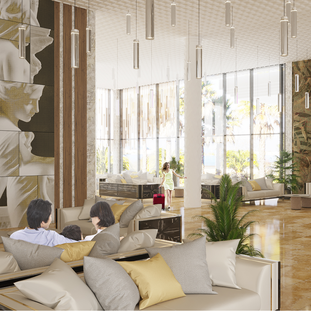 Зал ожидания в отеле с фреской на стене и фактурными колоннами, стилизованными под стволы пальм