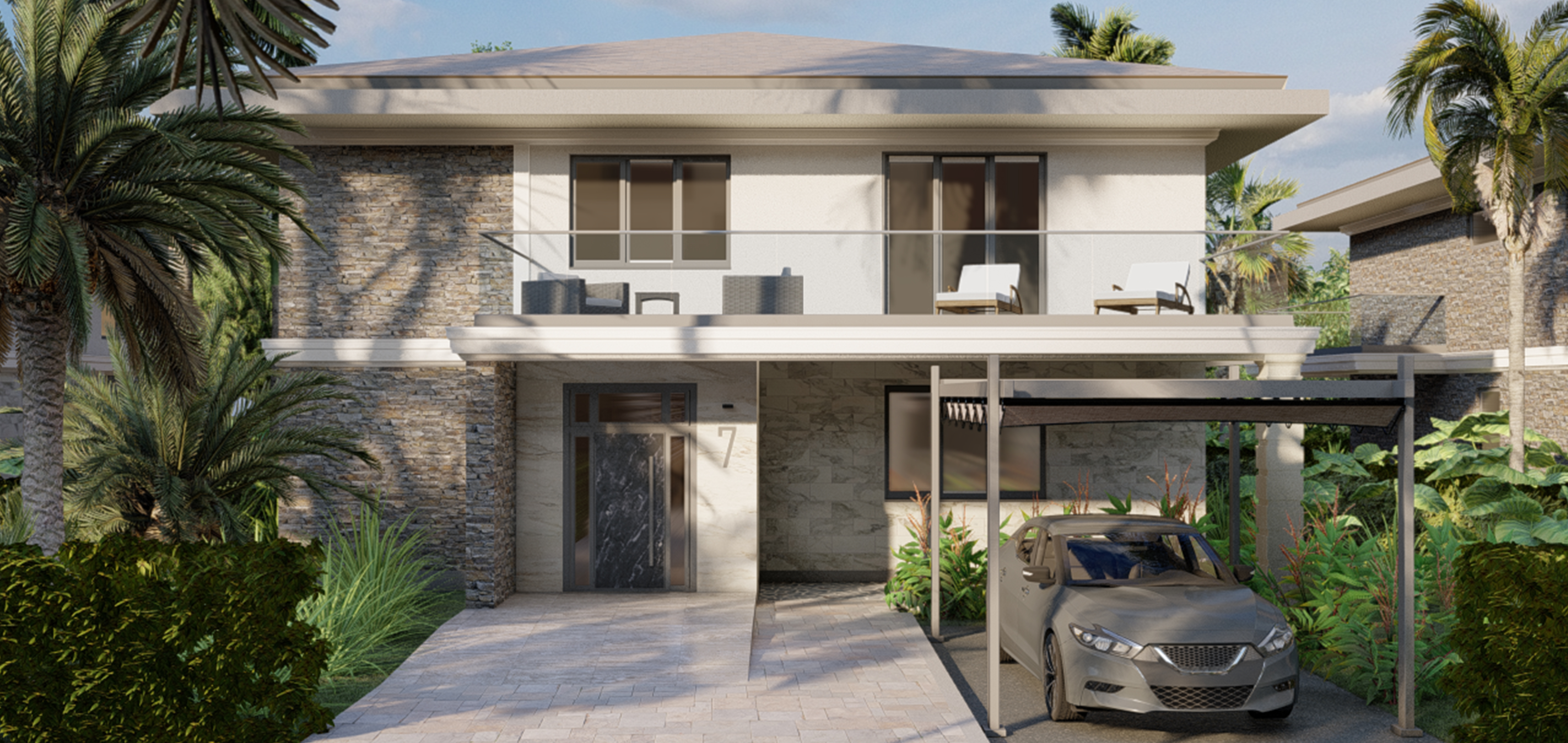 Вид на фасад 2-х этажного коттеджа, с парковочным местом под навесом